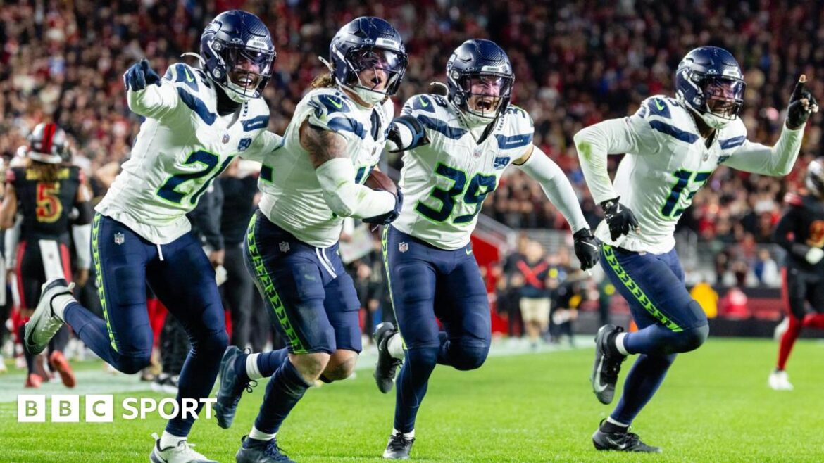 The Seattle Seahawks celebrate during a win against the San Francisco 49ers 