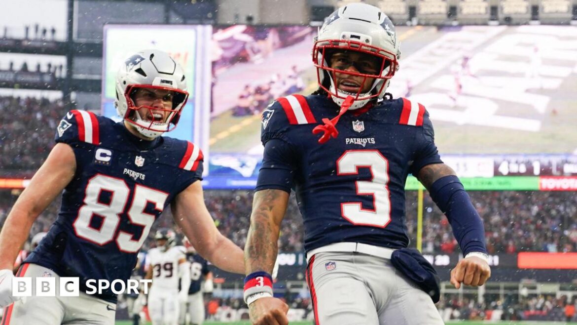 New England Patriots wide receiver DeMario Douglas celebrates scoring a touchdown against the Houston Texans