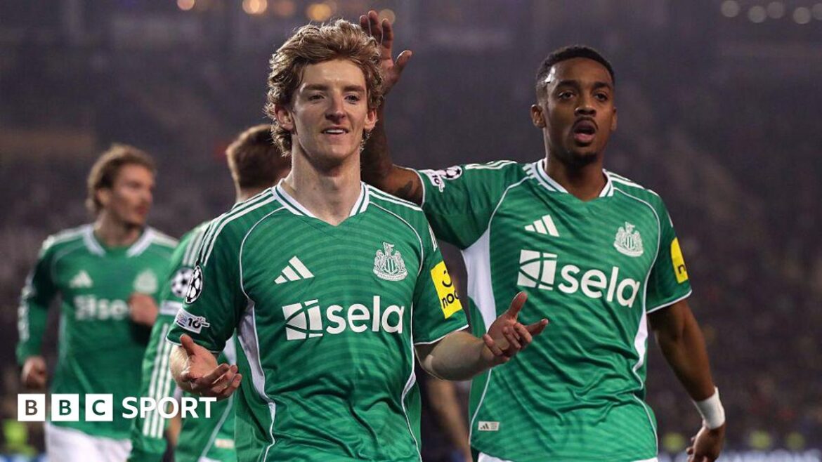 Anthony Gordon celebrates after scoring for Newcastle United against Qarabag on 18 February, 2026