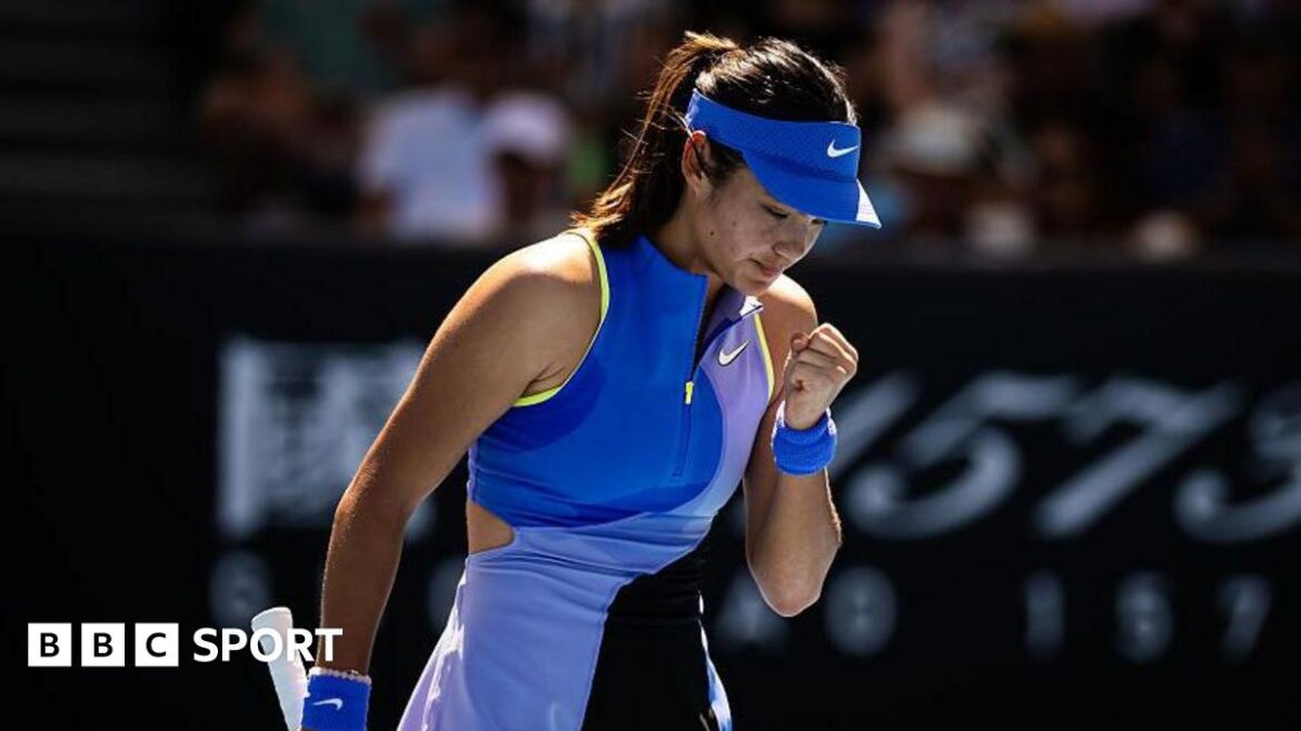 Emma Raducanu playing tennis during the Australian Open at Melbourne Park on January 21, 2026. 