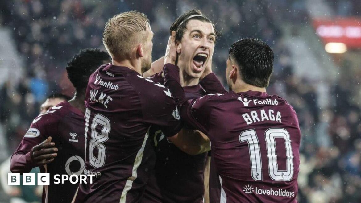 Hearts midfielder Tomas Magnusson (centre) is mobbed by teammates