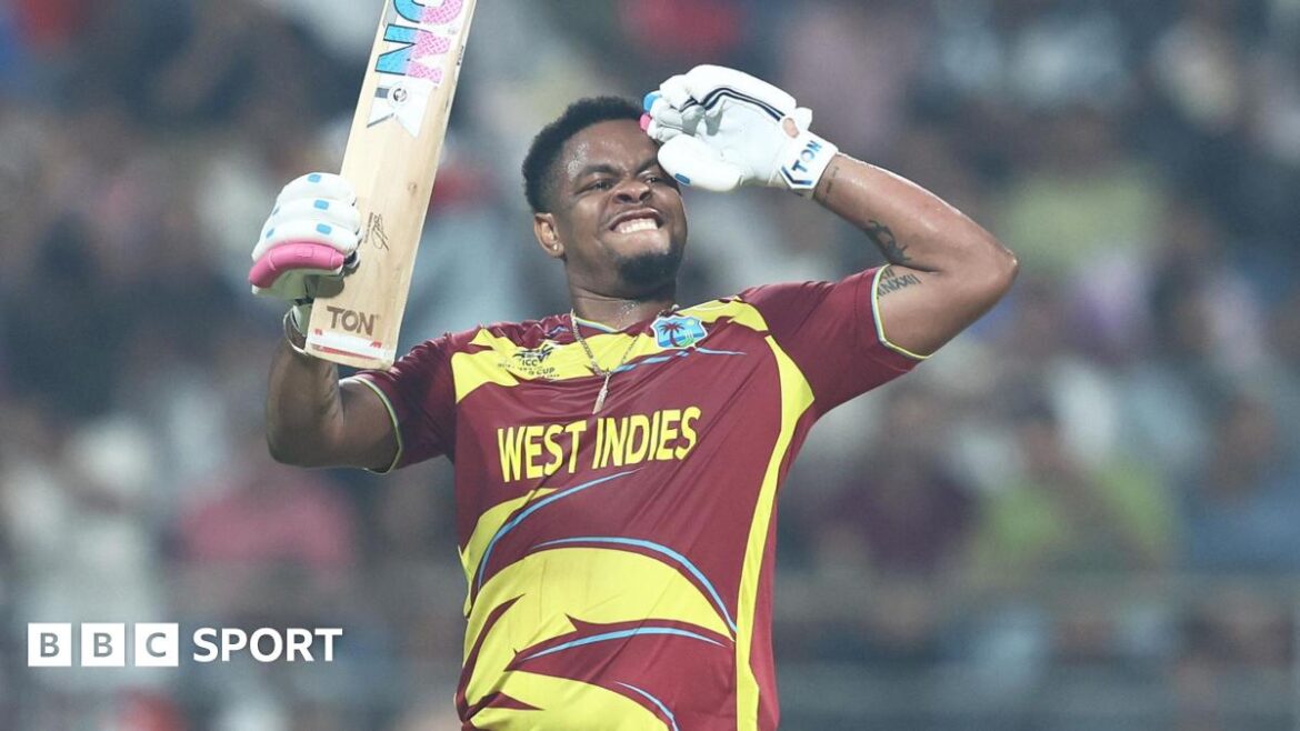 Shimron Hetmyer celebrates making fifty by saluting with his left arm, and holding the blade of his bat with his right hand