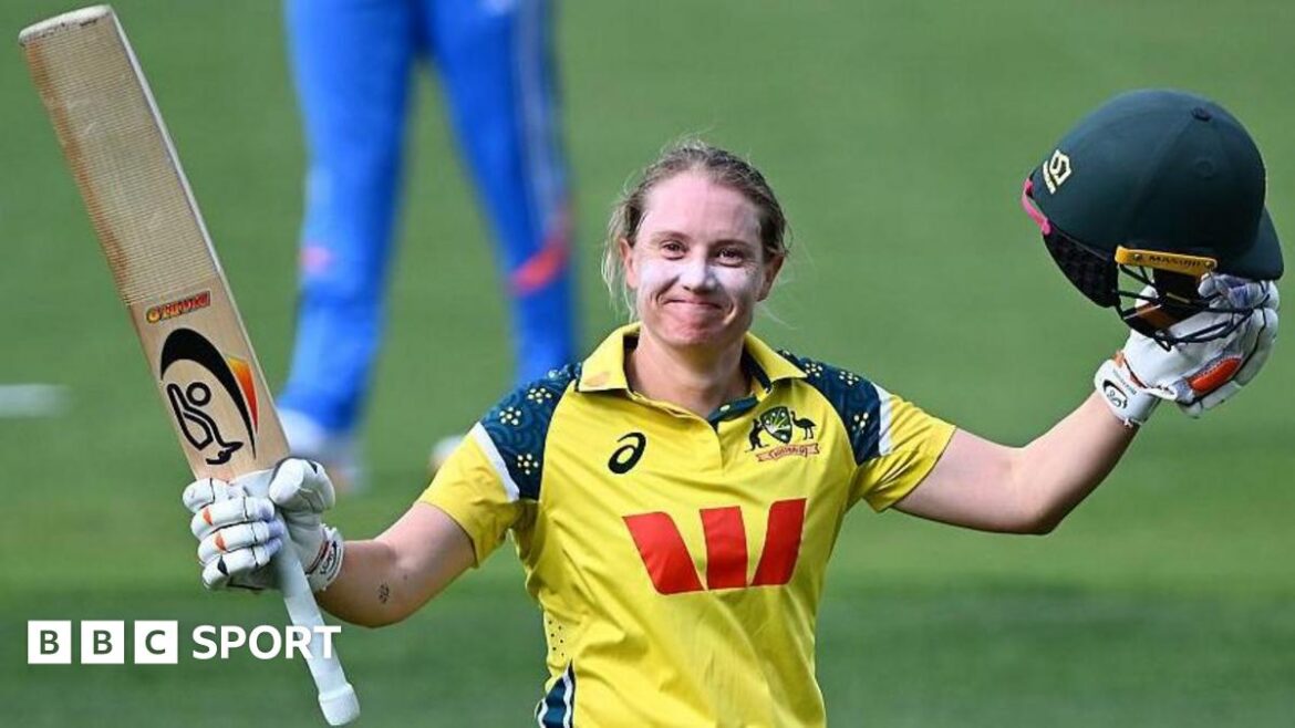 Alyssa Healy of Australia celebrates scoring a century during game three of the women's one-day international series between Australia and India at Bellerive Oval 
