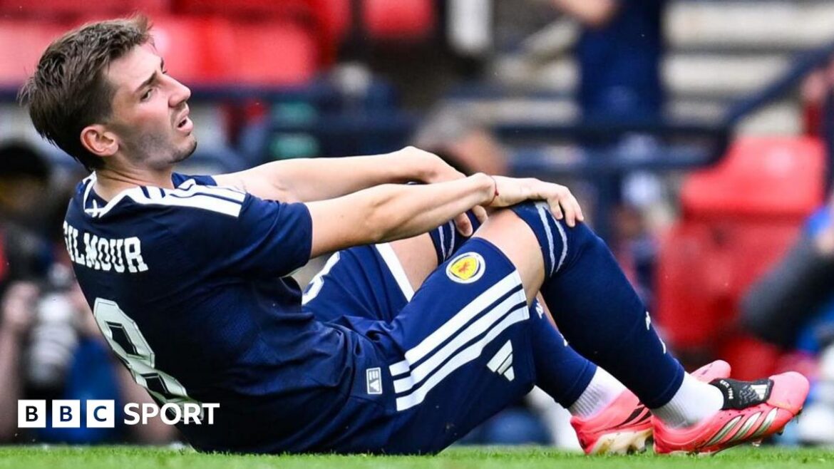 Scotland midfielder Billy Gilmour is comforted by team-mates after picked up an injury