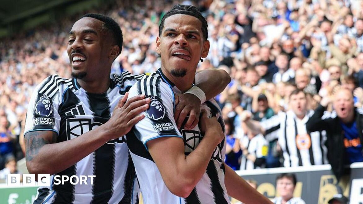 William Osula celebrates with Joe Willock after scoring for Newcastle United against Brighton at St James' Park on 2 May, 2026
