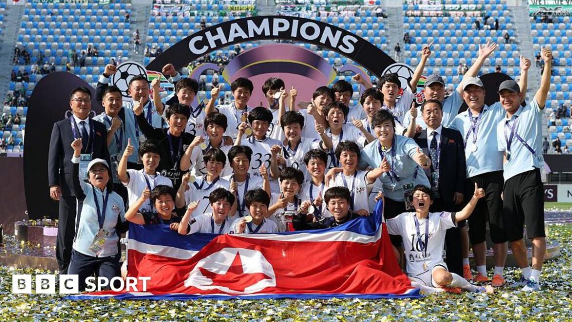 Naegohyang pose for a team photo with the North Korean flag