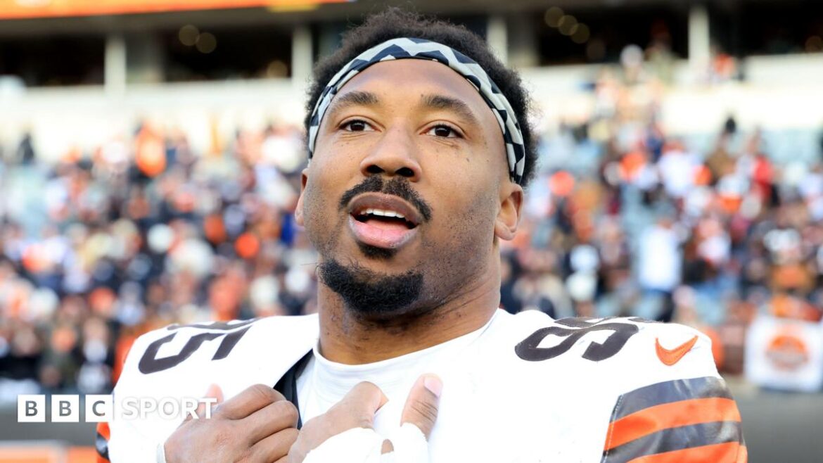 Myles Garrett on the sidelines during an NFL match for Cleveland Browns