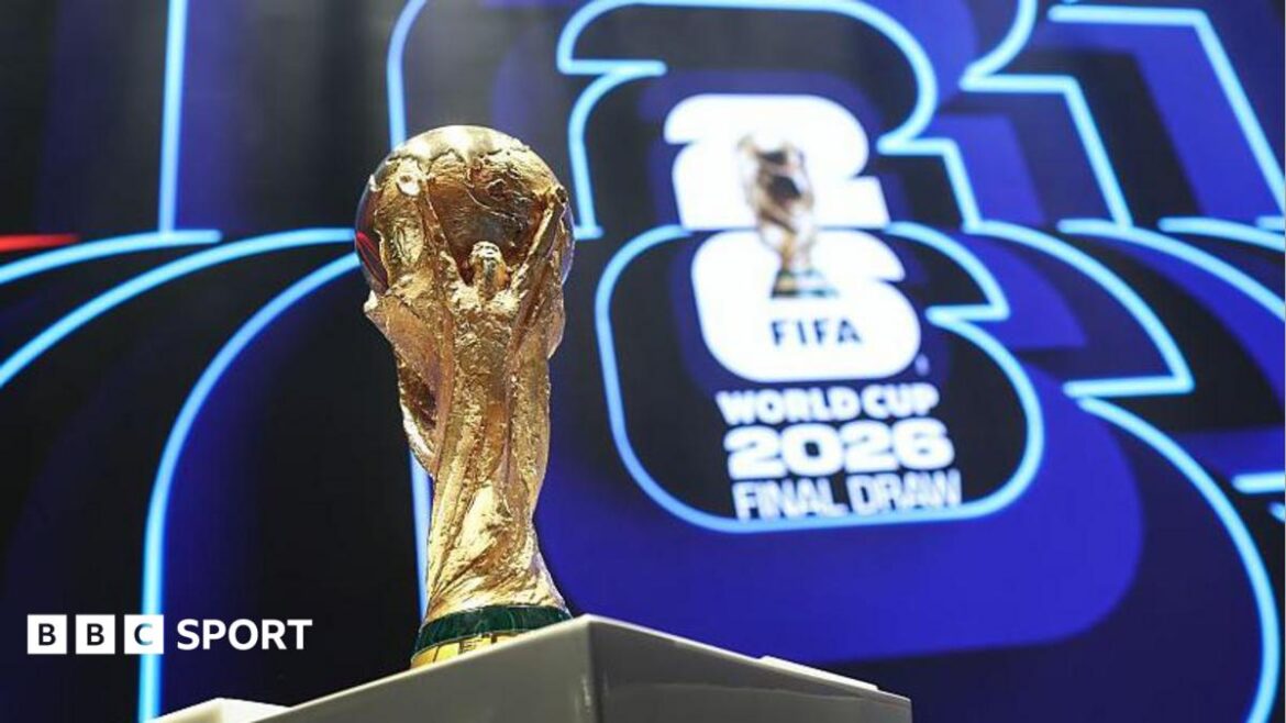 The World Cup trophy in front of the logo for the 2026 World Cup