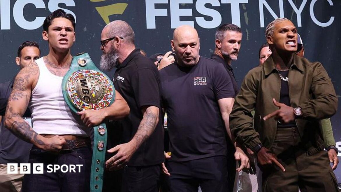 Ryan Garcia, Dana White and Conor Benn pose for pictures at the Zuffa Boxing news conference on 18 July 2026