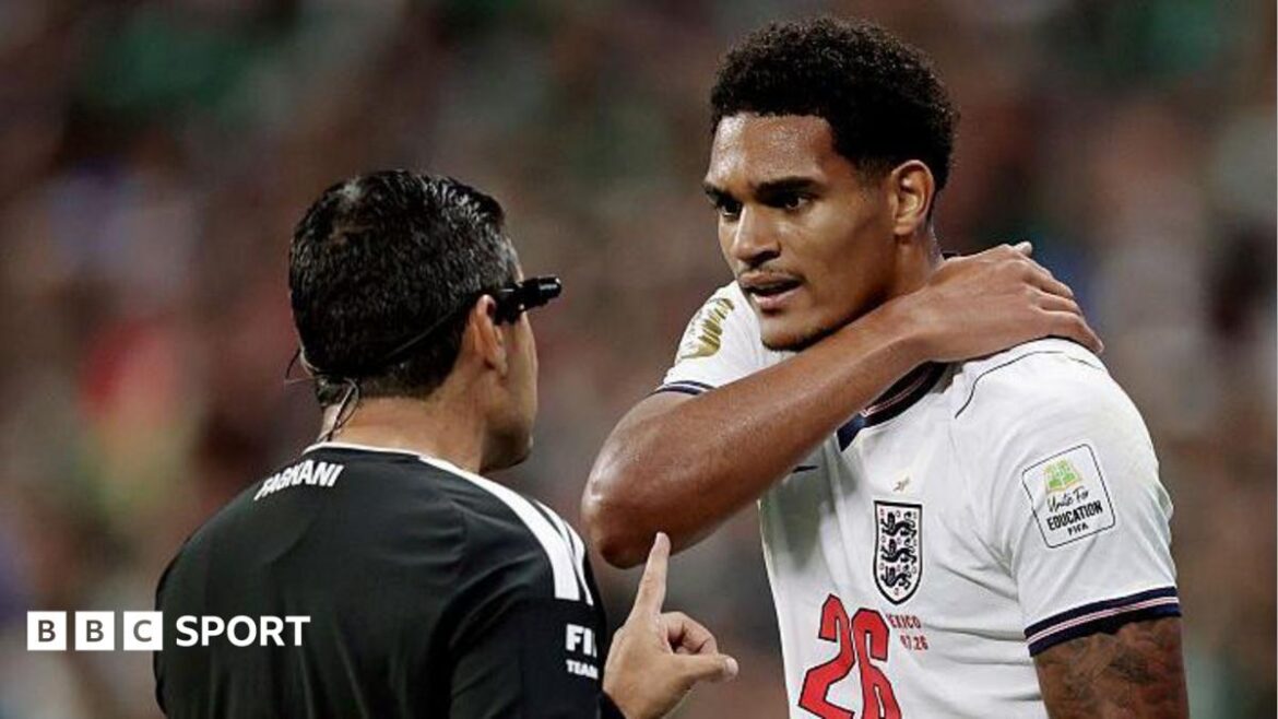  Jarell Quansah speaks to the referee during England v Mexico