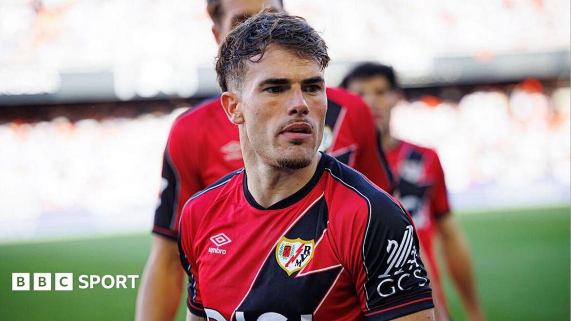Pep Chavarria looking just off camera while playing for Rayo Vallecano