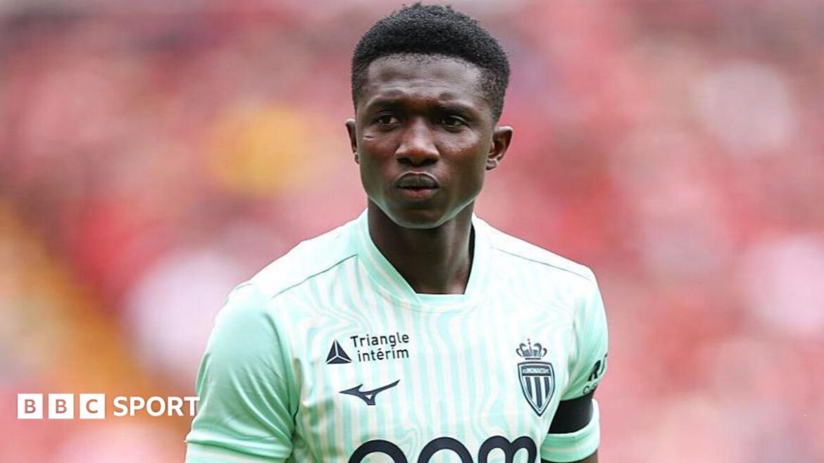 Lamine Camara looking just off camera while playing for Monaco