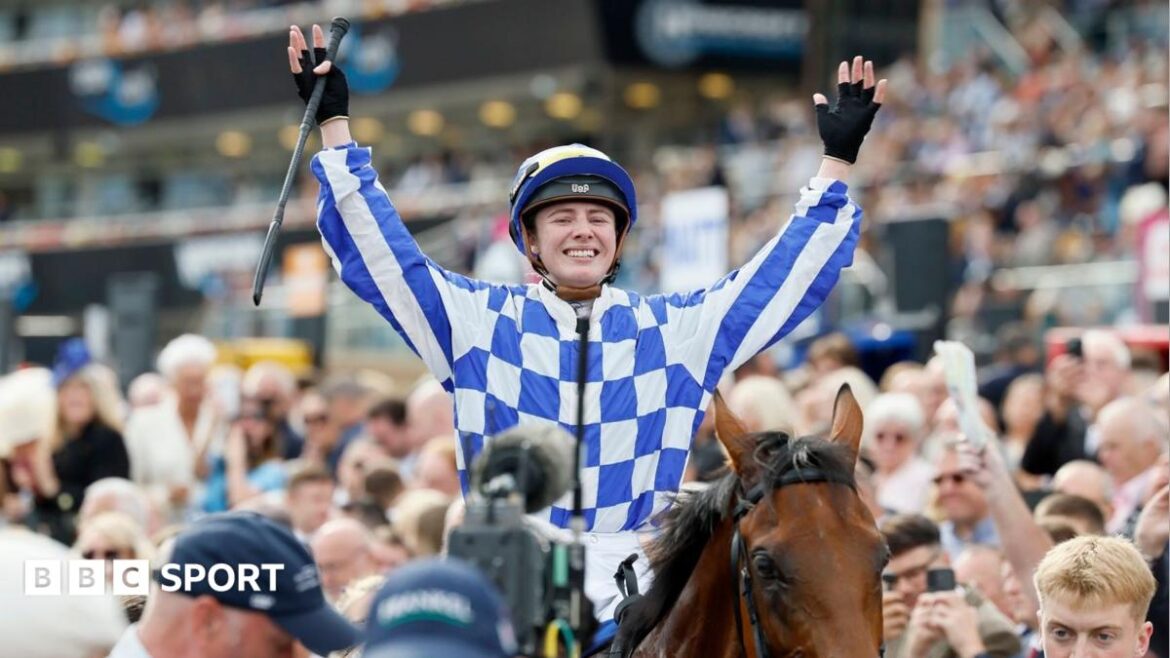 Saffie Osborne on Highwayman wins the St Leger